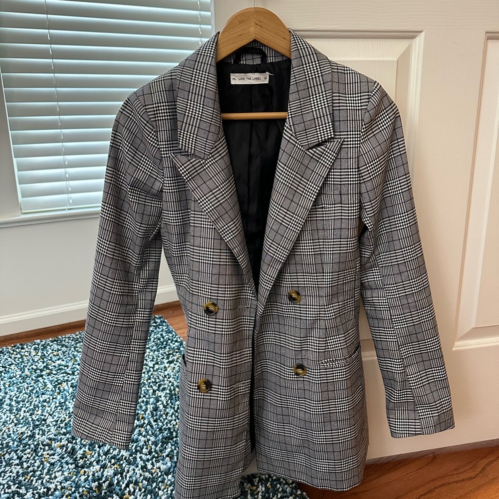 Zara Gray Plaid Classic Double-Breasted Blazer
